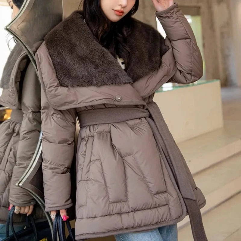 Mink Fur Collar Goose Down Jacket Mid-Length Coat Women's Winter New Waist-Tight Leather Fur Coat