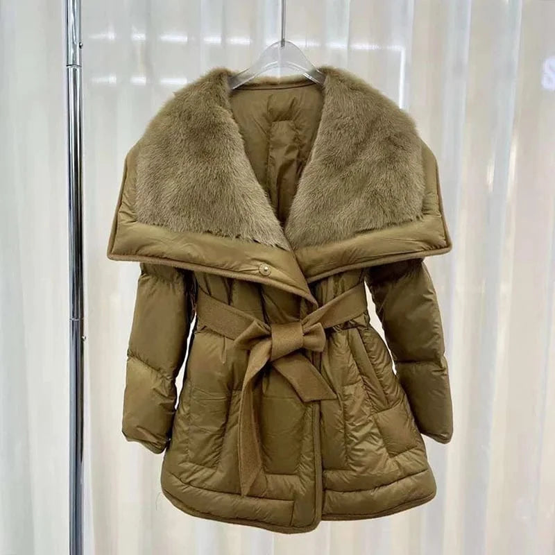 Mink Fur Collar Goose Down Jacket Mid-Length Coat Women's Winter New Waist-Tight Leather Fur Coat