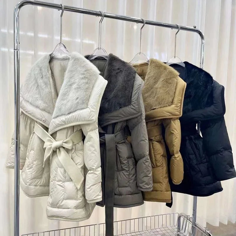 Mink Fur Collar Goose Down Jacket Mid-Length Coat Women's Winter New Waist-Tight Leather Fur Coat