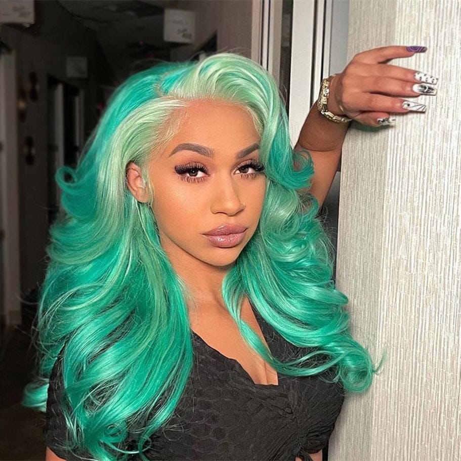 Mint Green Highlight Human Hair Loose Wave Lace Front Wig Colored Human Hair Wigs For Women HD Transparent Lace Frontal Wig