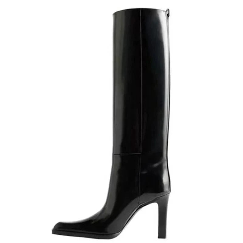 Mirror Patent Long Booties Women Slip On Knee High Boots Black Shiny Shoes Pointed Toe Small Chunky Heels Unique Design