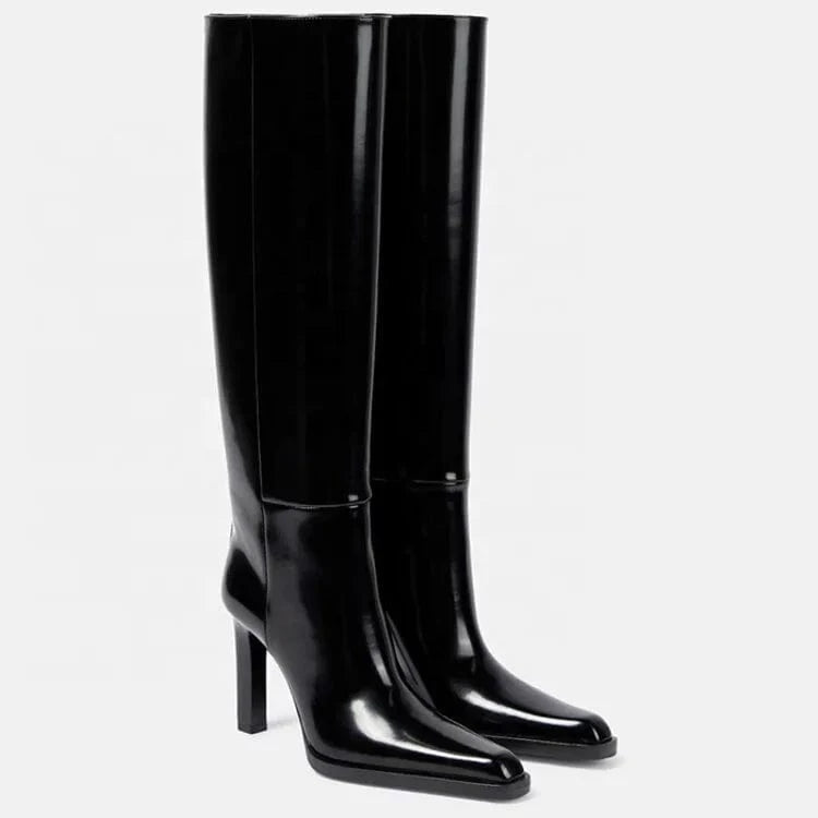 Mirror Patent Long Booties Women Slip On Knee High Boots Black Shiny Shoes Pointed Toe Small Chunky Heels Unique Design