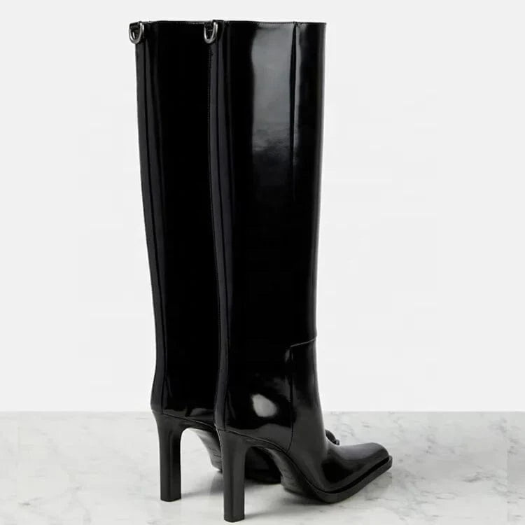 Mirror Patent Long Booties Women Slip On Knee High Boots Black Shiny Shoes Pointed Toe Small Chunky Heels Unique Design