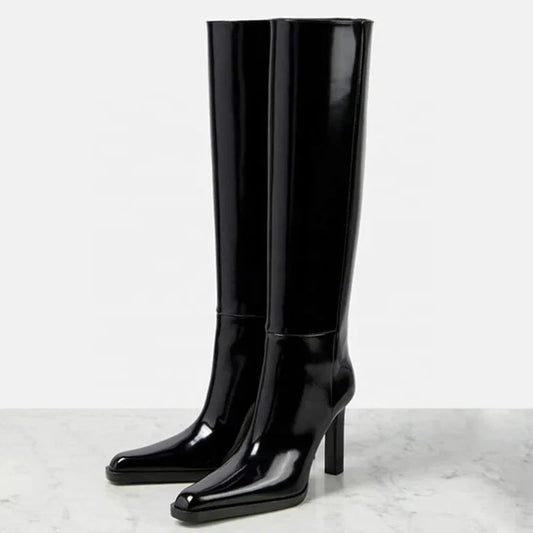 Mirror Patent Long Booties Women Slip On Knee High Boots Black Shiny Shoes Pointed Toe Small Chunky Heels Unique Design