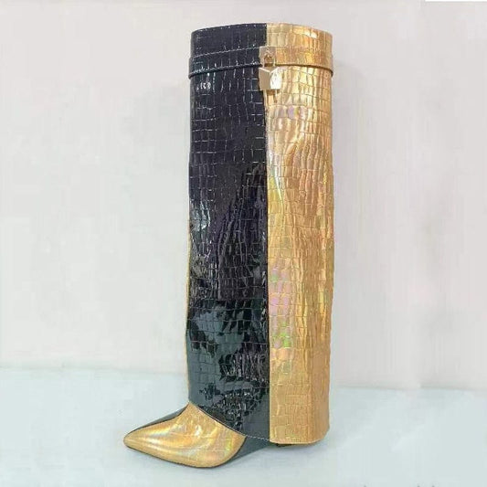 Mixed Color Stone Pattern Metallic Folds Knee High Boots Women Wedge Heels Side Zipper Shark Lock Leather Women Winter Boots