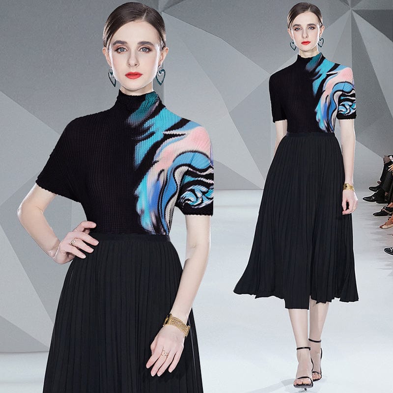 Miyake pleated fashion print chiffon small T + slim pleated long skirt HJW9598088