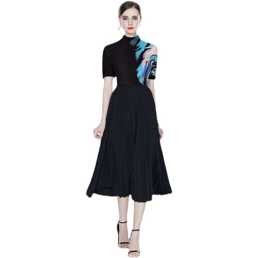 Miyake pleated fashion print chiffon small T + slim pleated long skirt HJW9598088