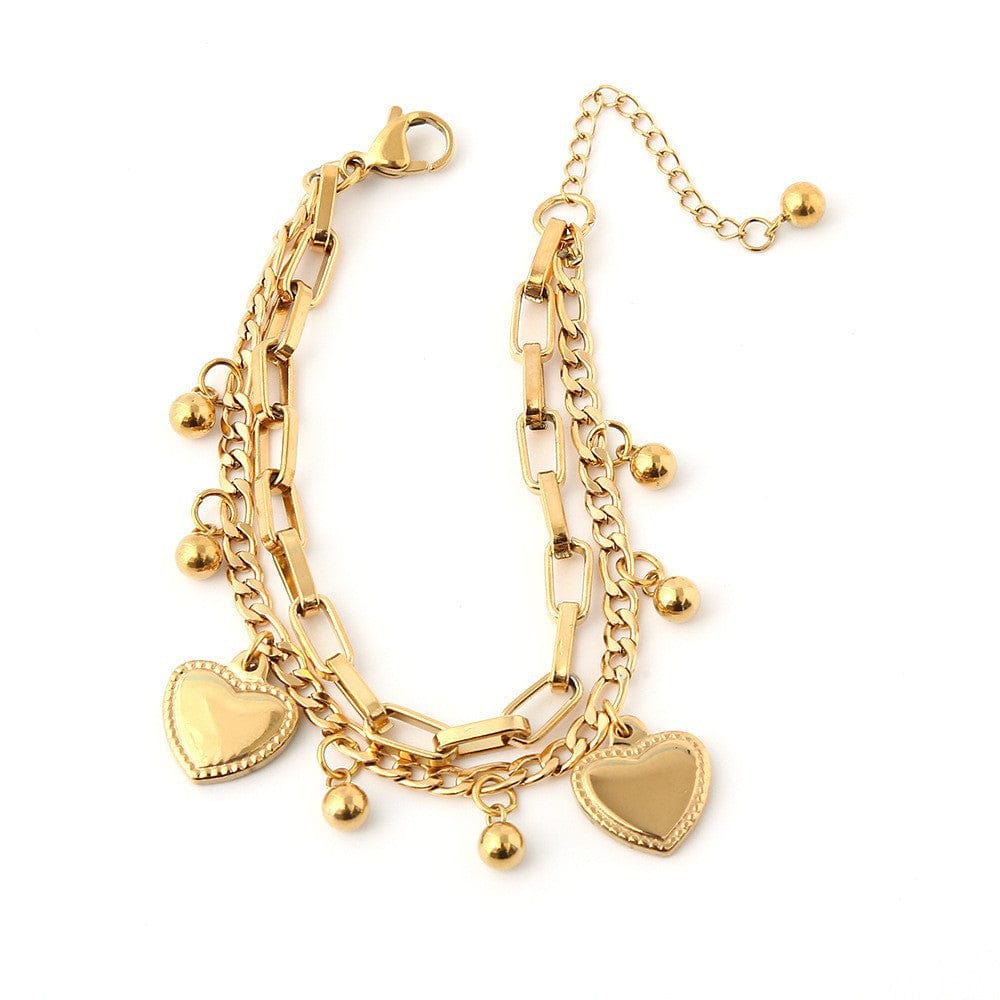 Model 1 LWI61450 2022 Trendy European 18K Gold Plated Figaro Chain Double Layer Heart Charm Stainless Steel Bracelet
