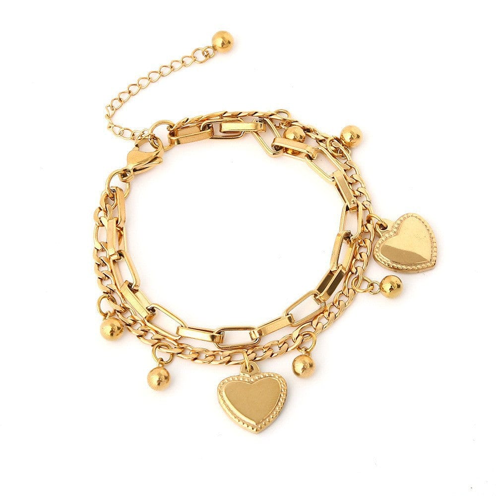 Model 1 LWI61450 2022 Trendy European 18K Gold Plated Figaro Chain Double Layer Heart Charm Stainless Steel Bracelet