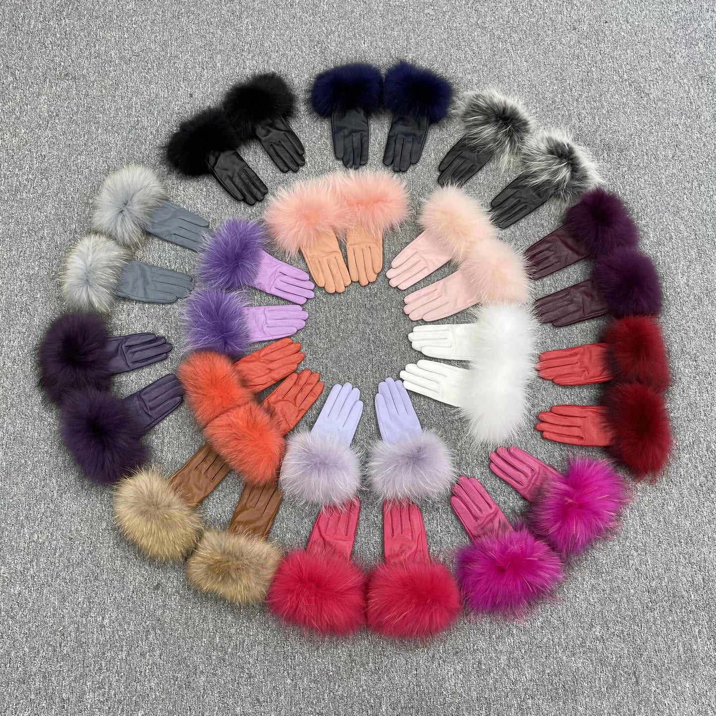 Modern Style Beautiful Design Colorful Raccoon Fur Cuff Genuine Leather Gloves For Women