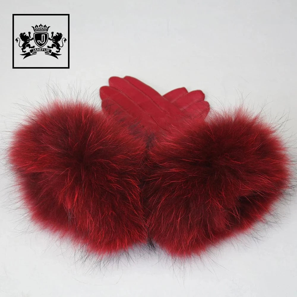 Modern Style Beautiful Design Colorful Raccoon Fur Cuff Genuine Leather Gloves For Women