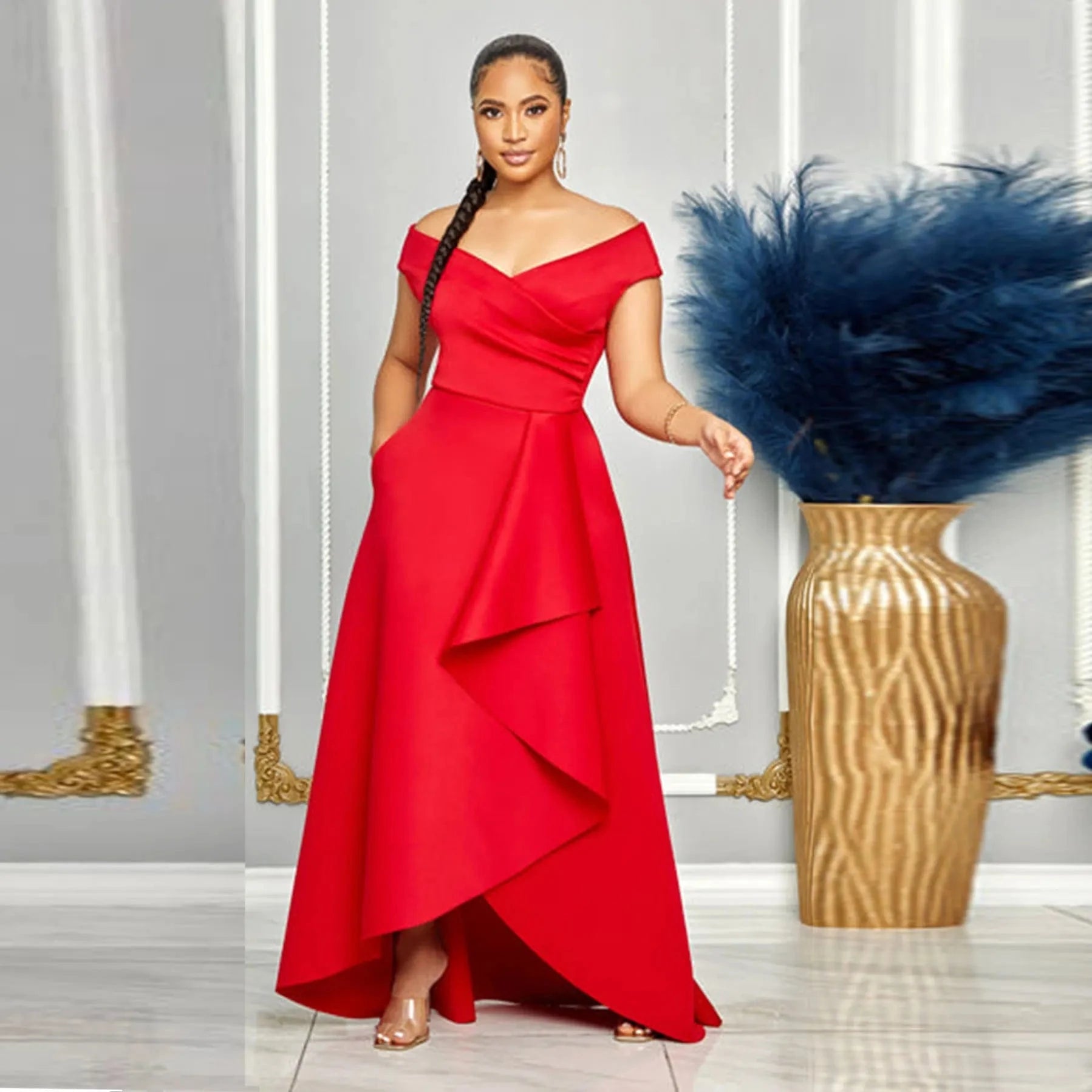 Modest asymmetrical hem maxi elegant dresses casual dresses with deep v neck