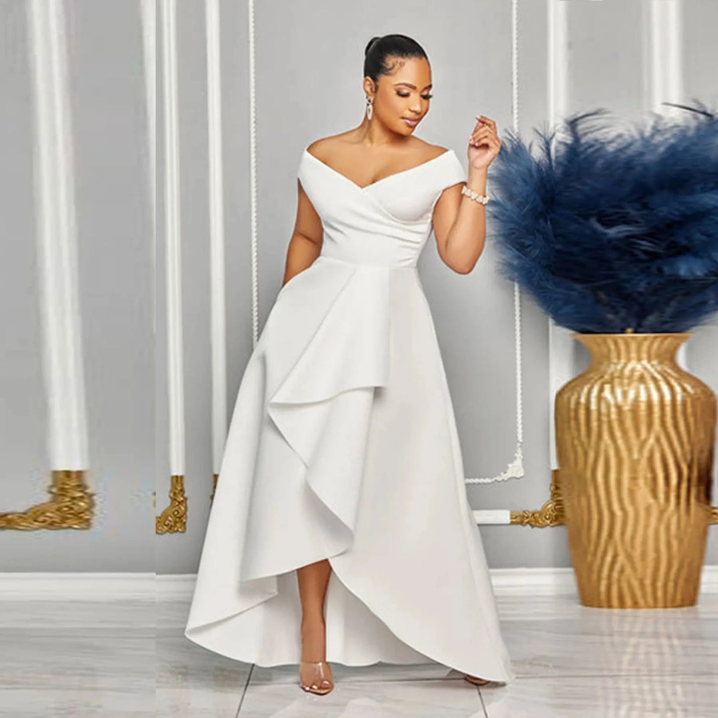 Modest asymmetrical hem maxi elegant dresses casual dresses with deep v neck