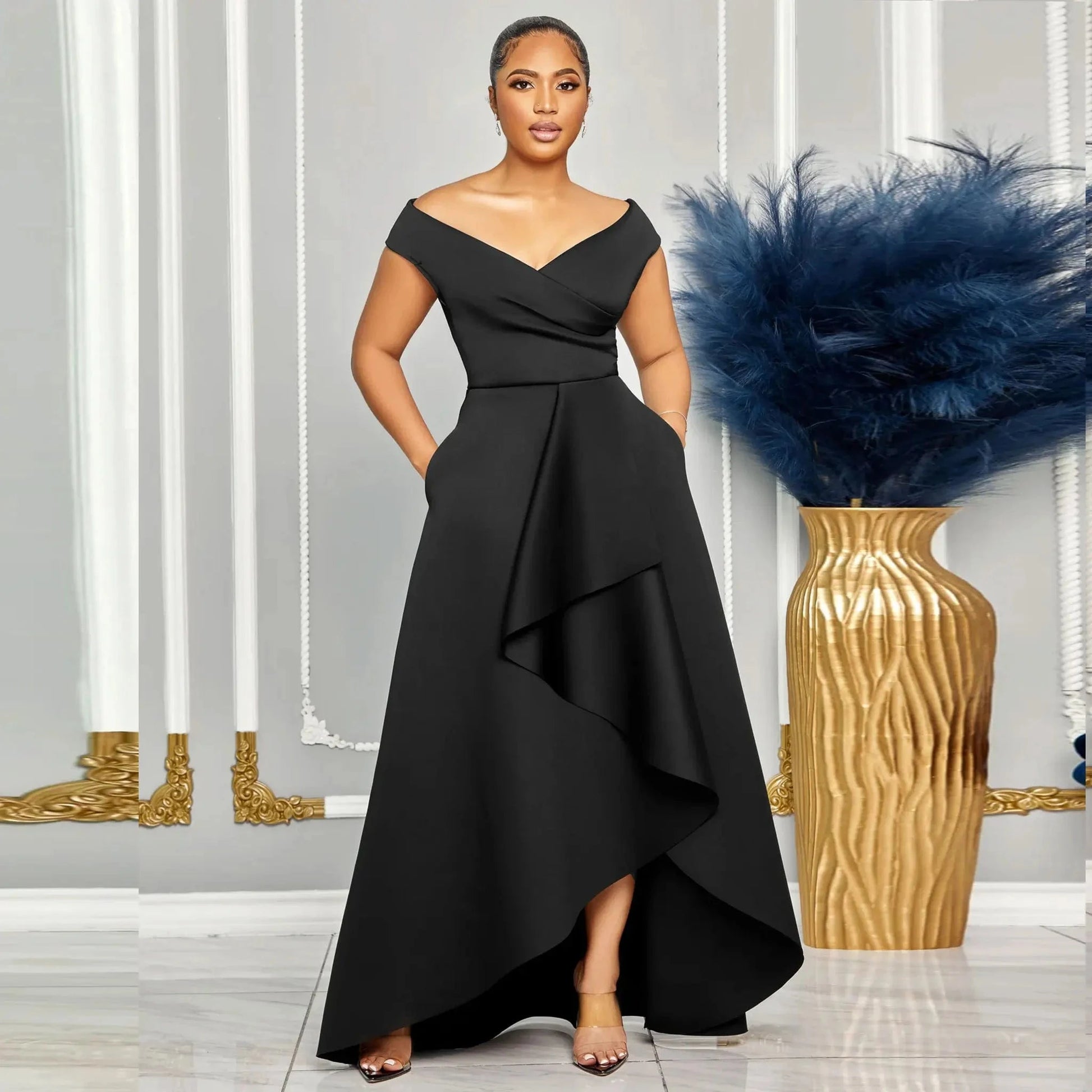 Modest asymmetrical hem maxi elegant dresses casual dresses with deep v neck