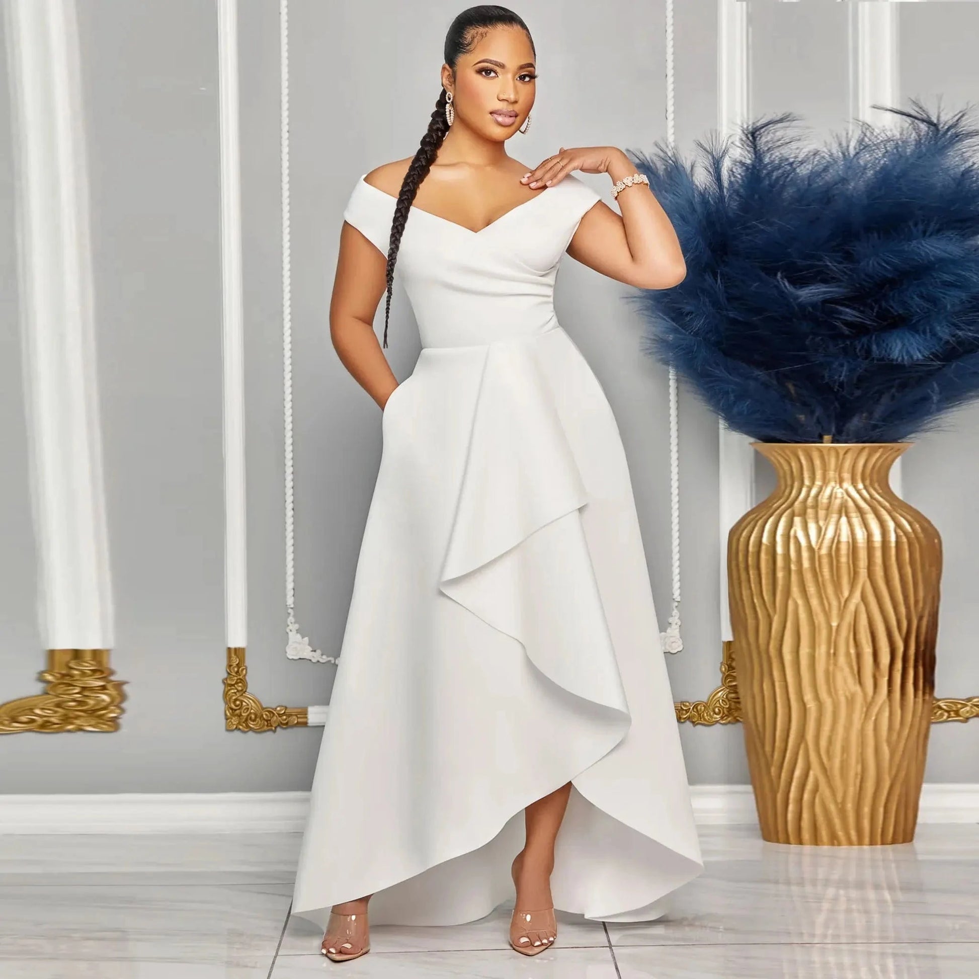 Modest asymmetrical hem maxi elegant dresses casual dresses with deep v neck