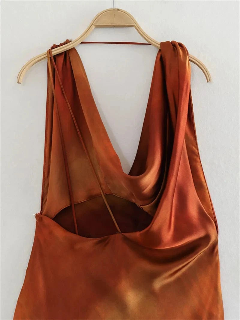 Modest chic sexy sleeveless evening party long dress casual draped satin dresses women lady elegant