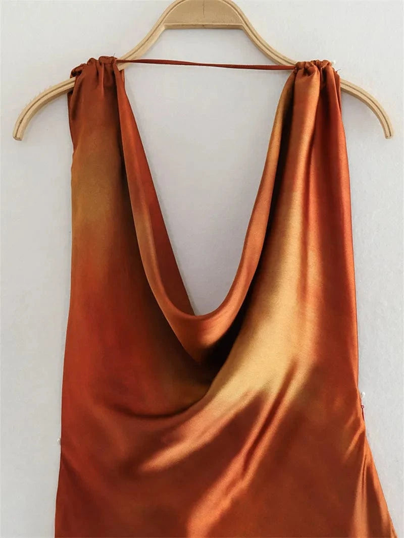 Modest chic sexy sleeveless evening party long dress casual draped satin dresses women lady elegant