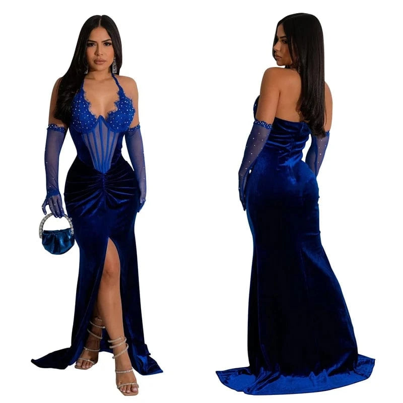 modest shiny elegant royal blue rhinestone bead halter women maxi long evening dress with rhinestones beads cape sleeves gloves