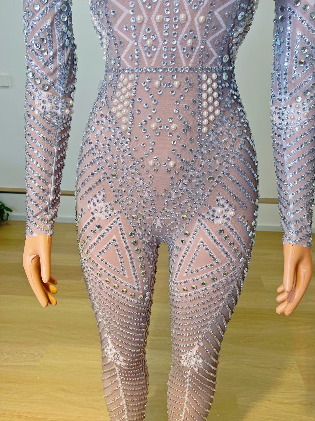 Monos Sequin Rhinestone Pearls Pole Dance Leotard Party Club Transparent Bodysuit Plus Size Women One Piece Bodycon Jumpsuits