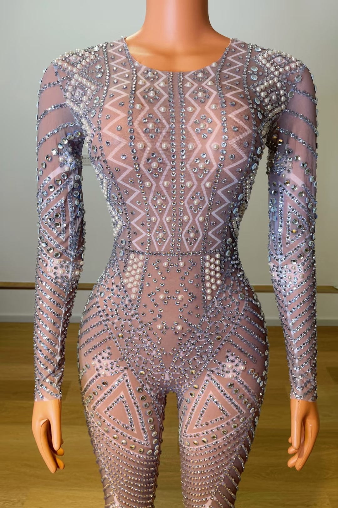Monos Sequin Rhinestone Pearls Pole Dance Leotard Party Club Transparent Bodysuit Plus Size Women One Piece Bodycon Jumpsuits