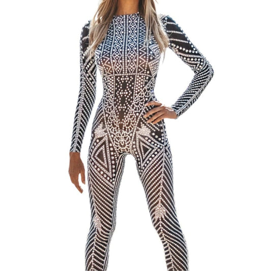 Monos Sequin Rhinestone Pearls Pole Dance Leotard Party Club Transparent Bodysuit Plus Size Women One Piece Bodycon Jumpsuits