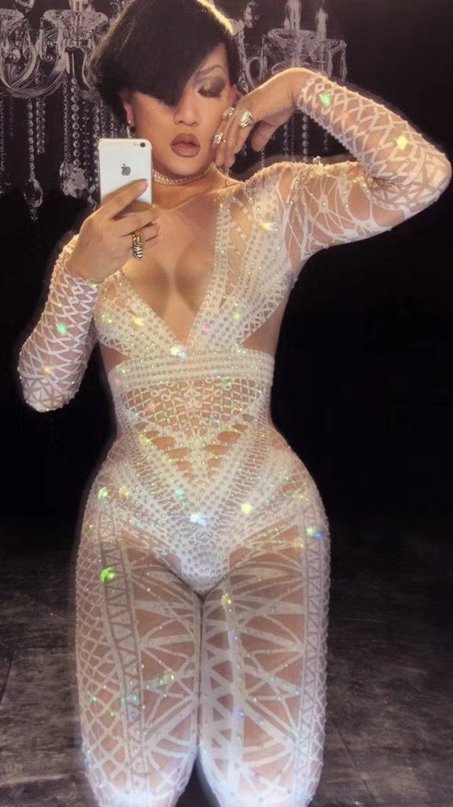 Monos Sexy Stripper Dance Leotard Stage Costume Print Rhinestones Spandex Bodysuit Women Club Party Bodycon One Piece Jumpsuit