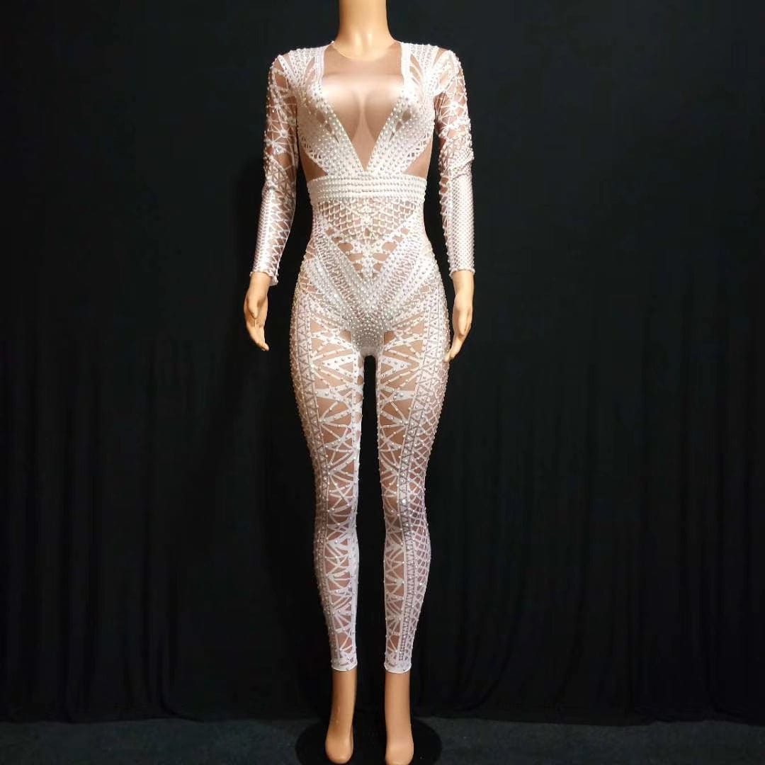 Monos Sexy Stripper Dance Leotard Stage Costume Print Rhinestones Spandex Bodysuit Women Club Party Bodycon One Piece Jumpsuit