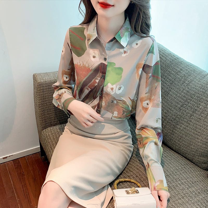 Mulberry Silk Chic Turn Down Collar Long Sleeve Print Blouse Tops Women Slim Office Shirt Ladies