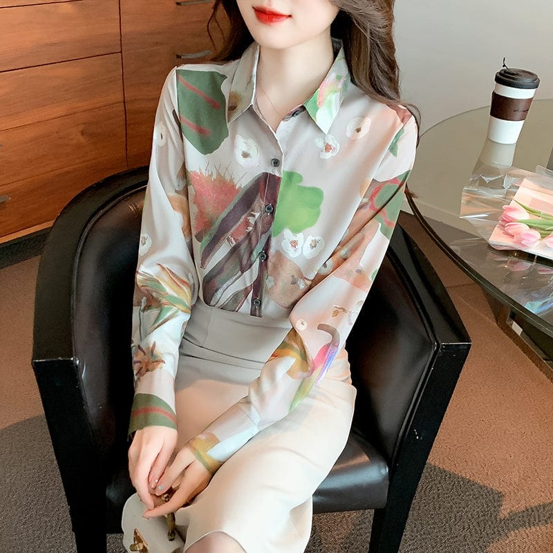 Mulberry Silk Chic Turn Down Collar Long Sleeve Print Blouse Tops Women Slim Office Shirt Ladies