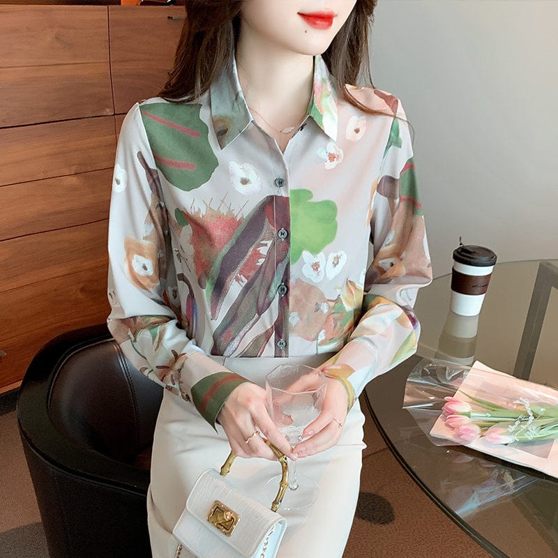 Mulberry Silk Chic Turn Down Collar Long Sleeve Print Blouse Tops Women Slim Office Shirt Ladies