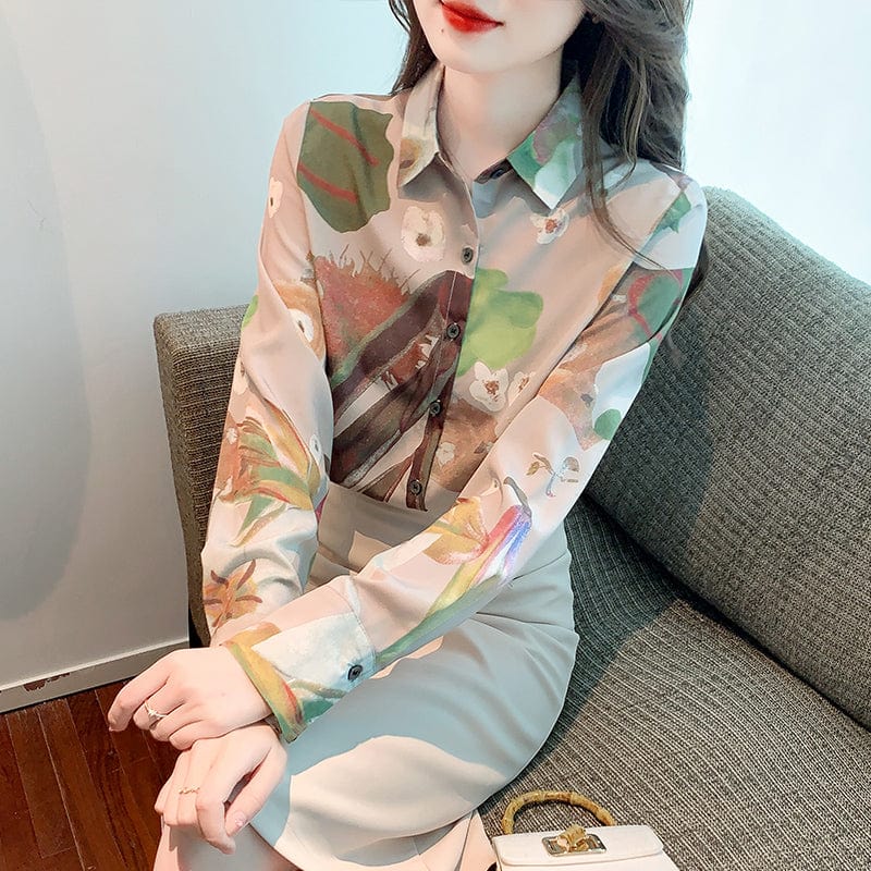 Mulberry Silk Chic Turn Down Collar Long Sleeve Print Blouse Tops Women Slim Office Shirt Ladies