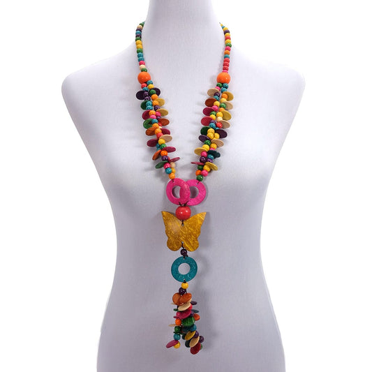 Multi OEM Wholesale Multi Color Coconut Shell Knit Handmade Ethnic Pendant  Bohemian Wood Beaded Butterfly Necklace for Women Jewelry
