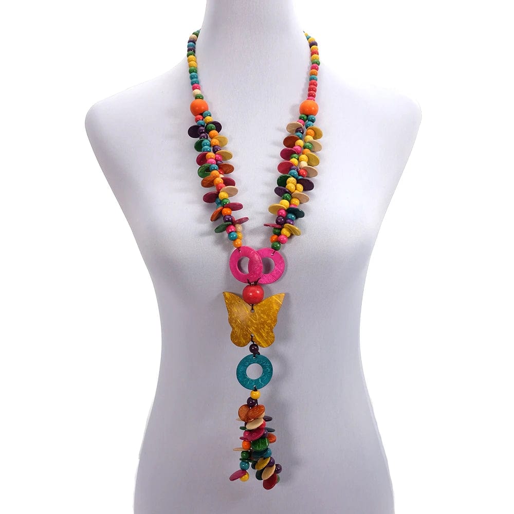 Multi OEM Wholesale Multi Color Coconut Shell Knit Handmade Ethnic Pendant  Bohemian Wood Beaded Butterfly Necklace for Women Jewelry
