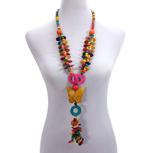 Multi OEM Wholesale Multi Color Coconut Shell Knit Handmade Ethnic Pendant  Bohemian Wood Beaded Butterfly Necklace for Women Jewelry