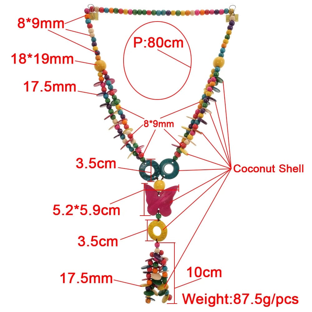 Multi OEM Wholesale Multi Color Coconut Shell Knit Handmade Ethnic Pendant  Bohemian Wood Beaded Butterfly Necklace for Women Jewelry