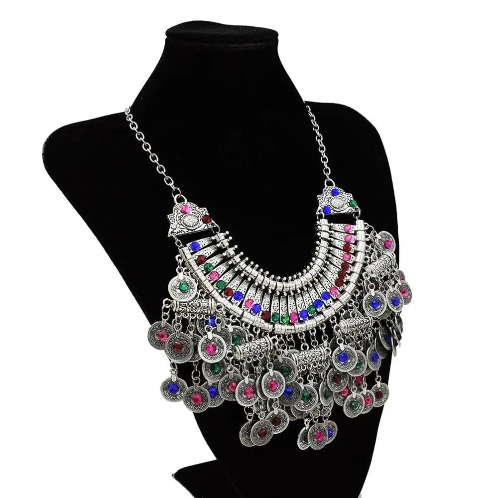 Multi Silver Coin Tassel Rhinestone Statement Necklace Earrings Jewelry Sets For Women Vintage Style