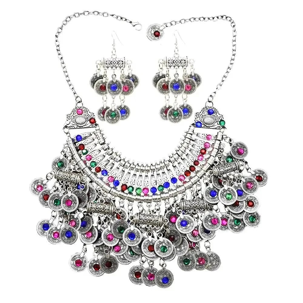 Multi Silver Coin Tassel Rhinestone Statement Necklace Earrings Jewelry Sets For Women Vintage Style