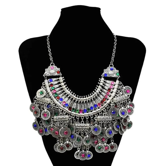 Multi Silver Coin Tassel Rhinestone Statement Necklace Earrings Jewelry Sets For Women Vintage Style
