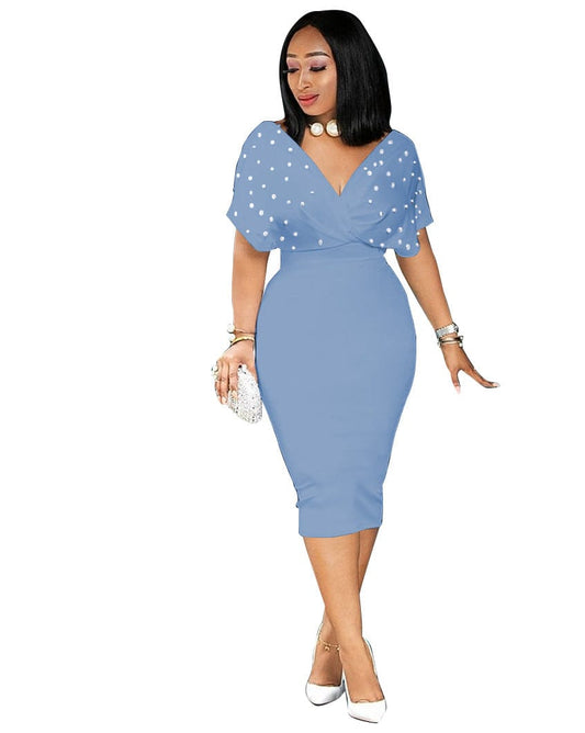 MYP8825 elegant pearl new solid color tube top V neck half sleeve back zipper bubble bead fashion dress