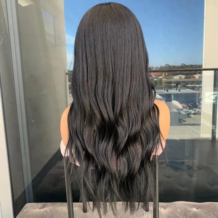 Natural Black Color Long Inches Water Wave Wig Pre Plucked With Bangs Cuticle Aligned Vietnam Lace Front Wigs