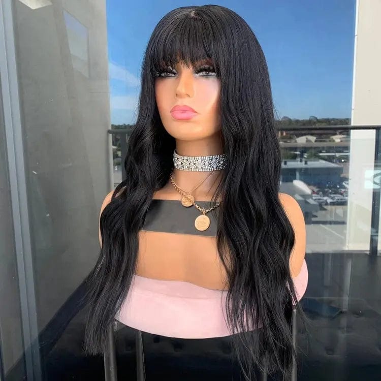 Natural Black Color Long Inches Water Wave Wig Pre Plucked With Bangs Cuticle Aligned Vietnam Lace Front Wigs