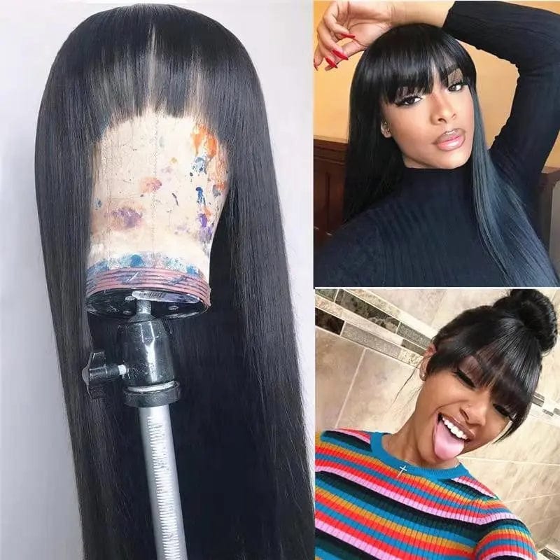 Natural Color Long Straight Wigs Cuticle Aligned Virgin Human Hair Lace Front Wigs With Bangs