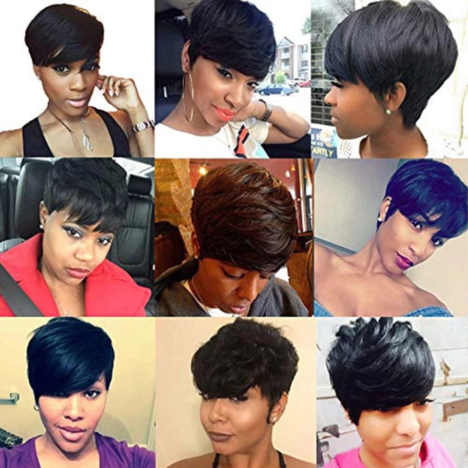 Natural Color Short Bob Straight Wigs With Bangs Brazilian Virgin Hair Pixie Cut Wig Cheap Human Hair Wig For Black Women