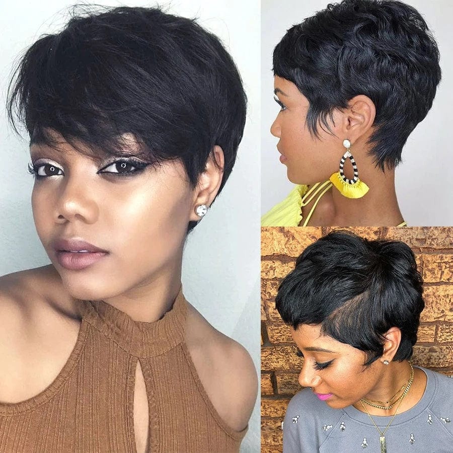 Natural Color Short Bob Straight Wigs With Bangs Brazilian Virgin Hair Pixie Cut Wig Cheap Human Hair Wig For Black Women