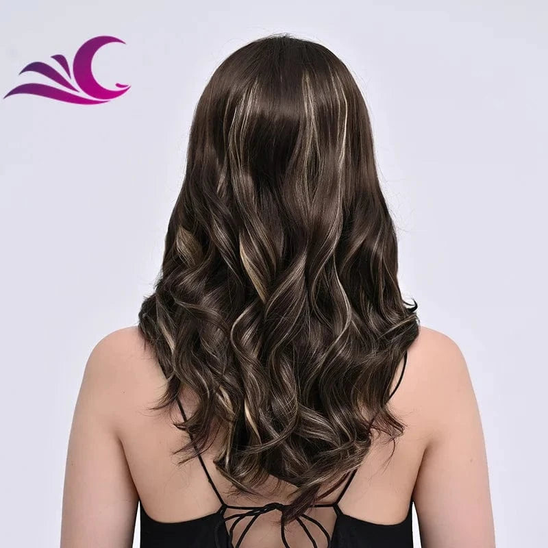 Natural Highlight Honey Blond Dark Brown Colored Wig Heat Friendly Synthetic Lace Front Women Wigs