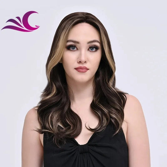 Natural Highlight Honey Blond Dark Brown Colored Wig Heat Friendly Synthetic Lace Front Women Wigs
