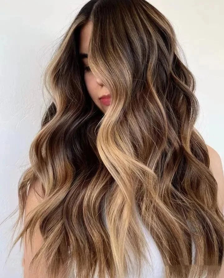 Natural Look 150% Density Highlight Reddish Brown Balayage Color Loose Wave Virgin Human Hair Invisible Swiss Lace Front Wigs