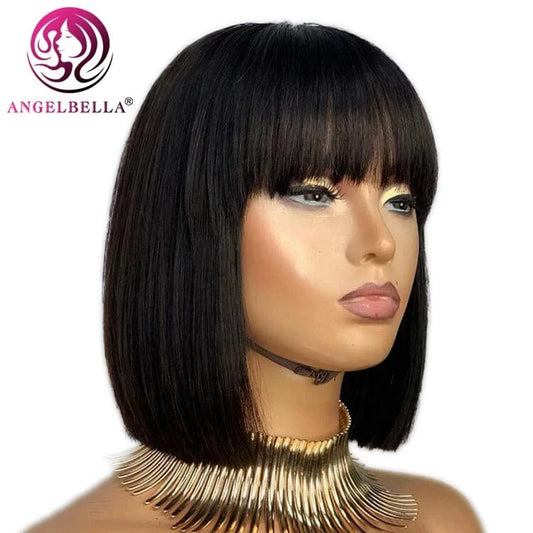 Natural Straight Short BOb Wigs With Bangs Vendors Brazilian Human Hair Wig Bulk Virgin Remy Machine Made Cheap Wigs