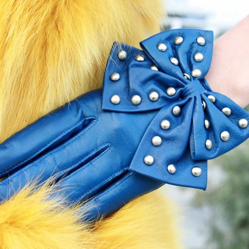 Navy Blue Cute texting Christmas gift women rivet Leather sheepskin gloves with bow