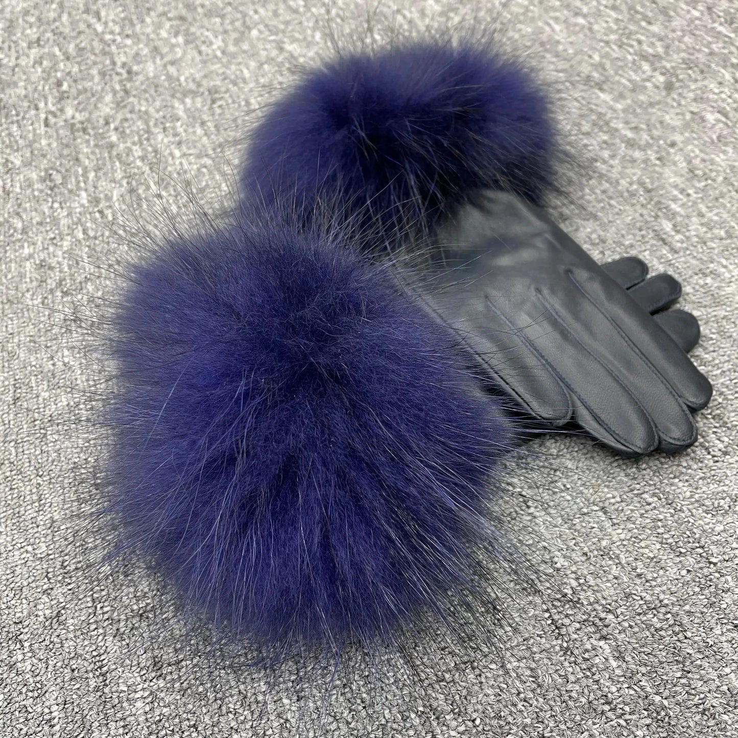 Navy Blue Modern Style Beautiful Design Colorful Raccoon Fur Cuff Genuine Leather Gloves For Women